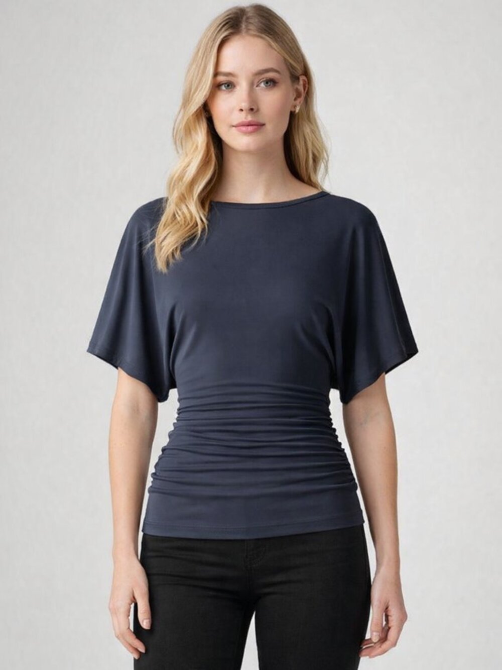 NWT OGL Navy Blue Effortless Boatneck Batwing Sleeve Side Ruched XS
